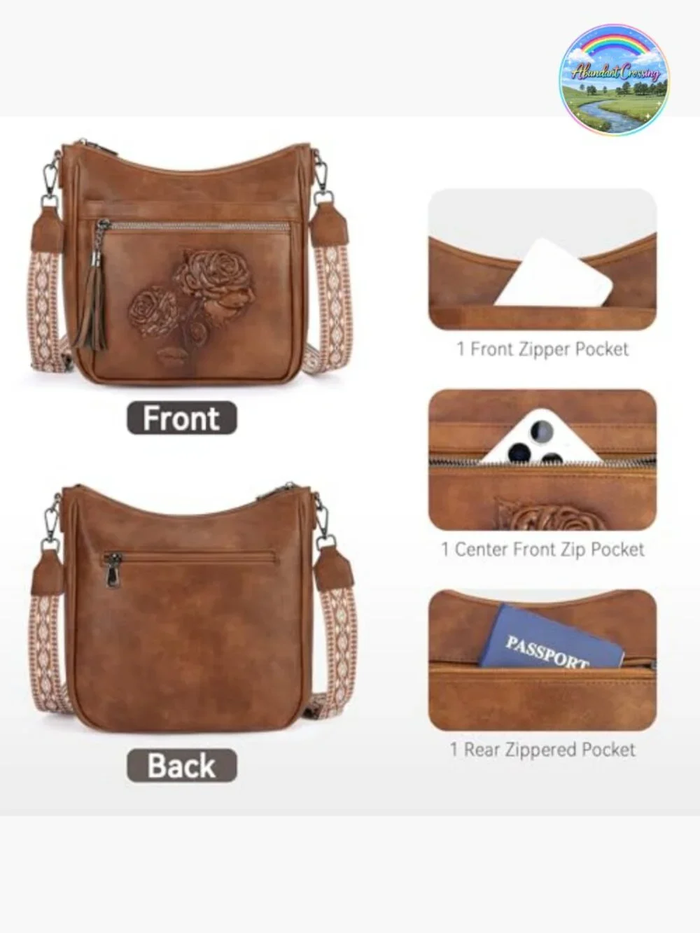 Trendy Vegan Leather Hobo Crossbody Bag with Embossed Floral Rabbit Pattern
